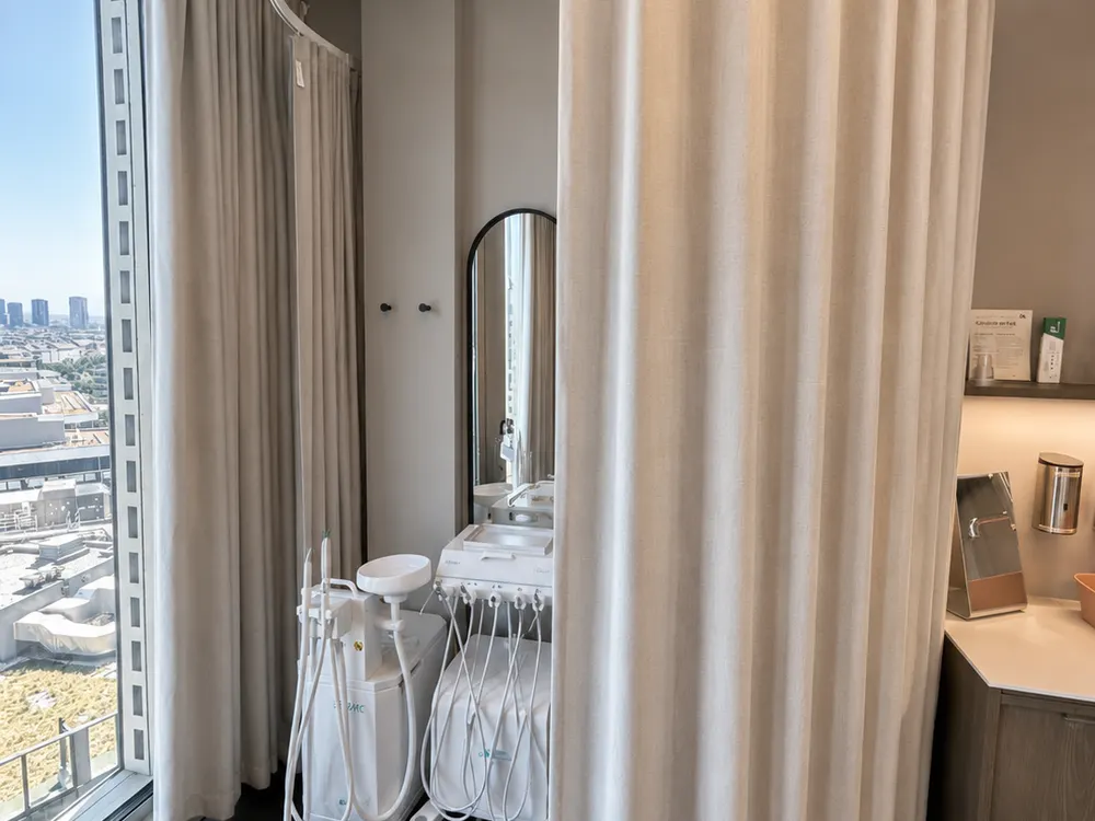 Behandlungsraum mit Vorhang und Ausblick