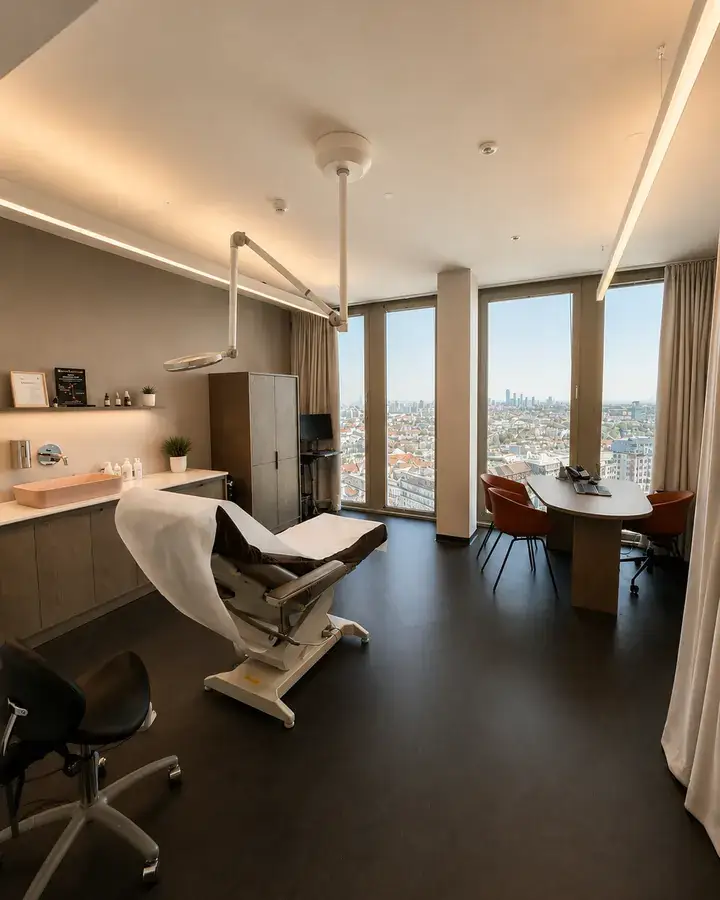 Behandlungsraum mit Blick über Wien im ICON Tower am Hauptbahnhof