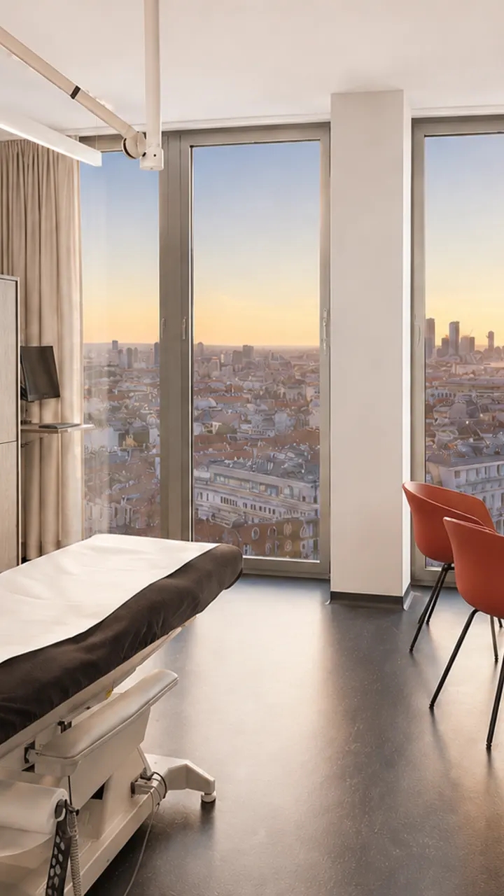 Behandlungsraum mit bodentiefen Fenstern und Blick über Wien bei Sonnenuntergang