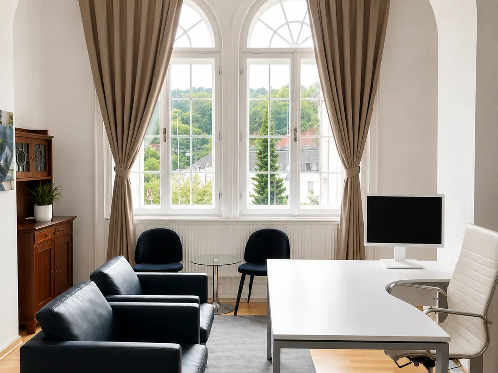 Arbeitsplatz vor Rundbogenfenster in Raum Mitzi